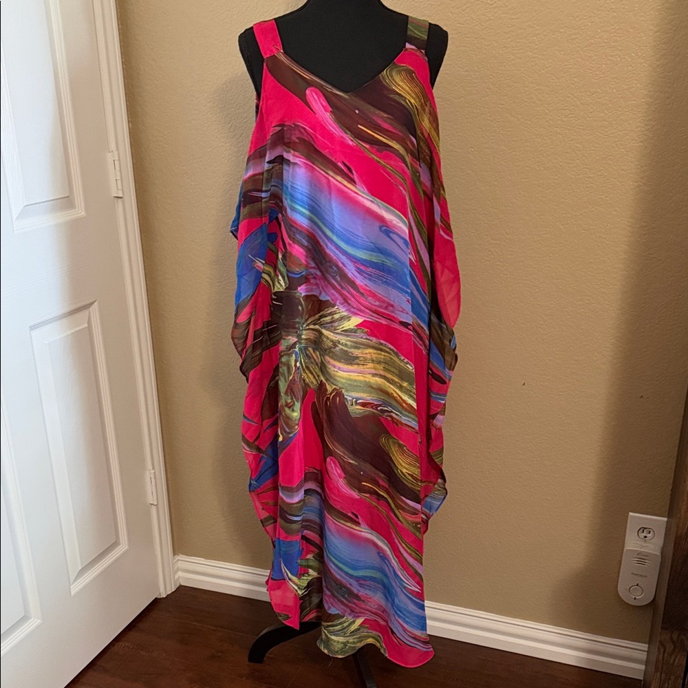 Robbie Bee Pink Multicolor Abstract Print Cold shoulder Maxi Dress